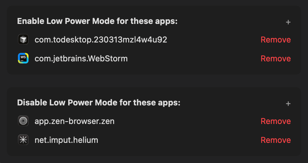 TurtleBar per-app power rules settings showing how to enable or disable Low Power Mode for individual apps like Chrome, Zoom, and Figma on macOS